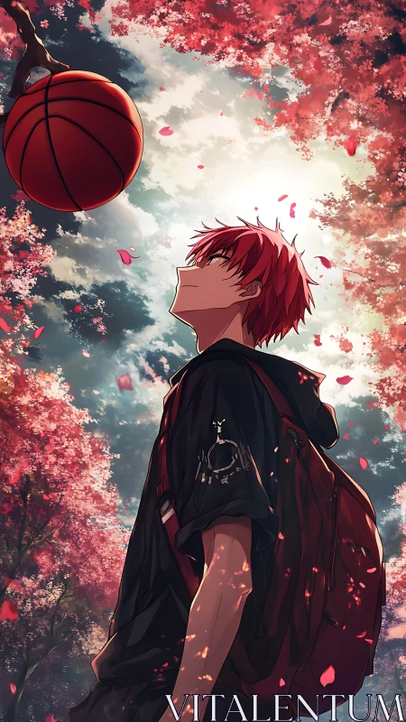 Red haired teen studies spinning basketball under blossoms.