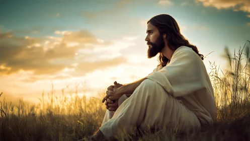 Contemplative robed man seated in sunset grassland profile