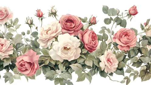 Botanical arrangement of pink and cream garden roses.