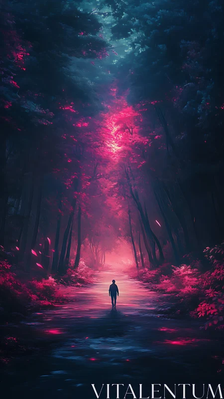 Lone wanderer strolls through glowing pink dream forest