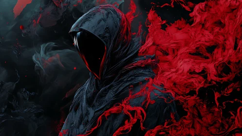 Hooded void figure stands amid erupting red spectral smoke