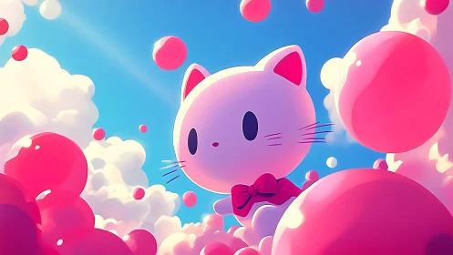 Pastel pink cat mascot floats amid glossy spherical clouds