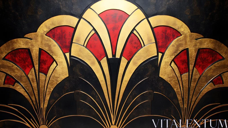 Elegant Art Deco Fan Motif in Gold and Red on Black Background.