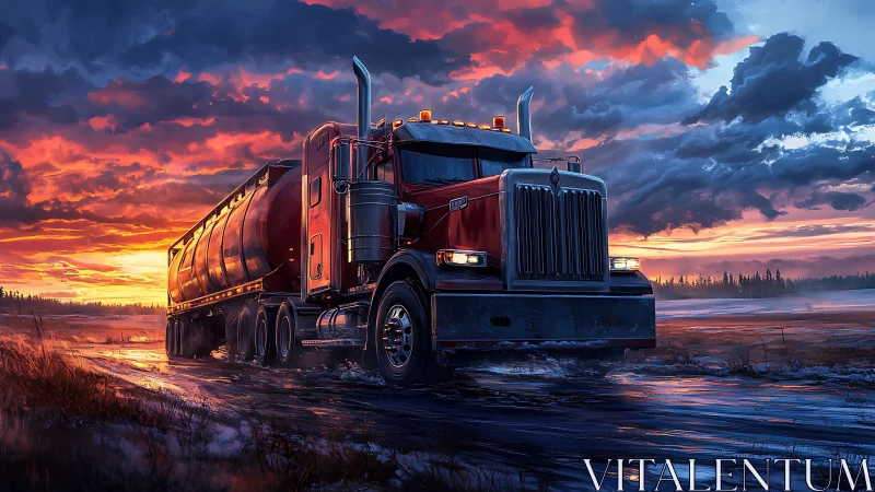 Red tanker truck powers through stormy sunset highway