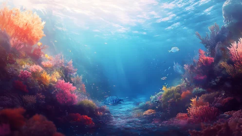 Sunlit coral canyon where radiant reefs cradle wandering fish.