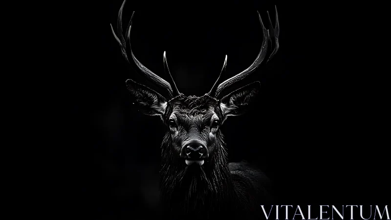 Low key monochrome stag portrait with high contrast antlers