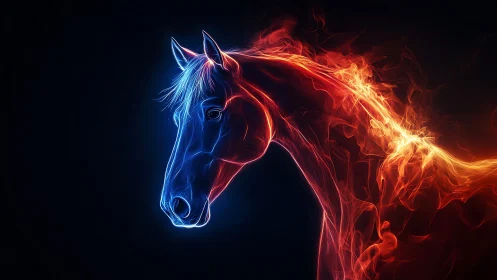 Neon fire horse profile in blue and red light lines.
