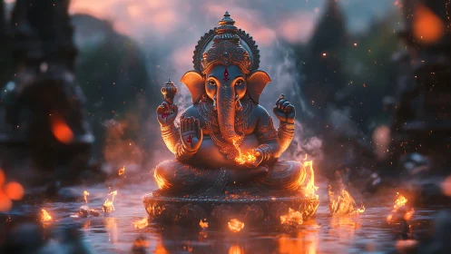 Fiery Ganesha idol radiates divine energy in twilight glow.