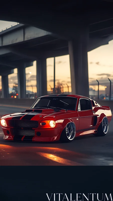 Midnight red muscle car glows with power beneath city bridge