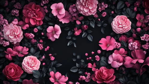 Pink and Crimson Florals Arranged Against Deep Black Background.