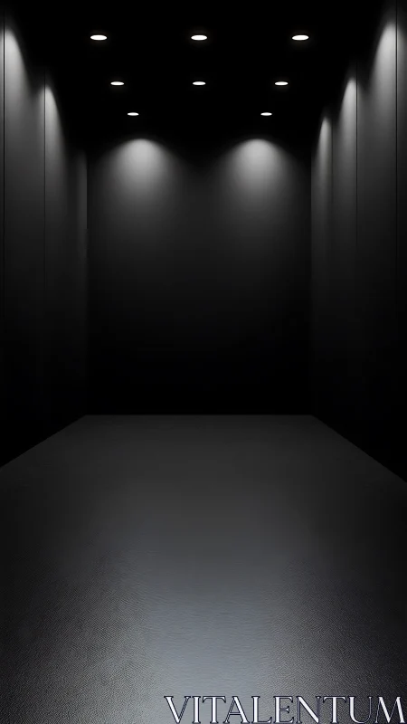 Rectangular dark room shows recessed ceiling spotlights