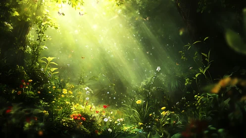 Sunlit forest glade where wildflowers and butterflies gather.
