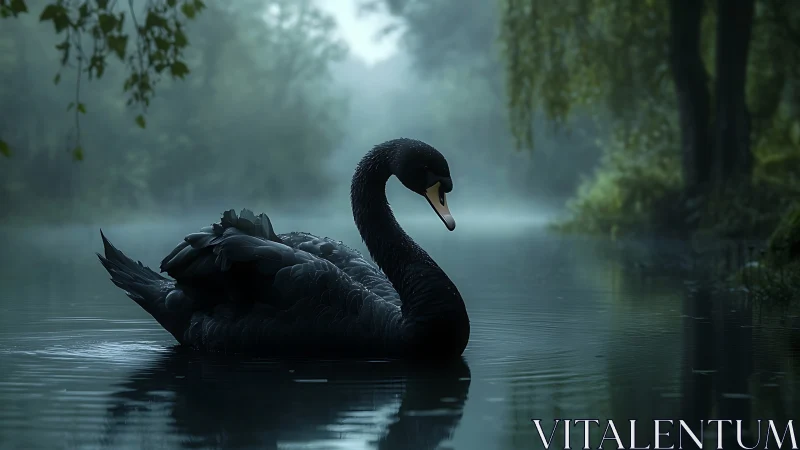 Nocturnal black swan gliding through misted forest waterway.