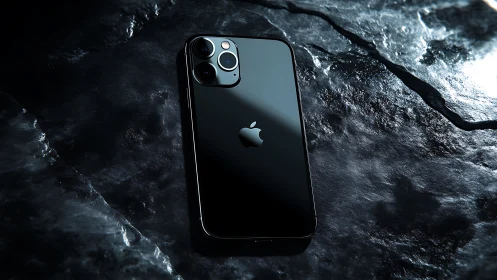 iPhone 11 Pro Max on dark textured stone surface.