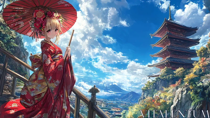 Crimson parasol girl quietly crowns a sunlit temple vista
