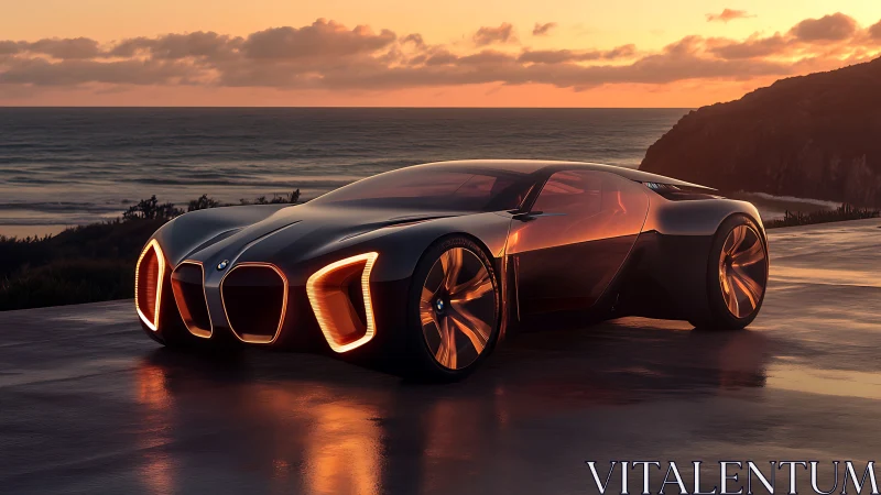 Futuristic coastal supercar concept glows at sunset.