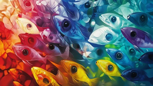 Color-drenched fish swirl in a joyful underwater rainbow.