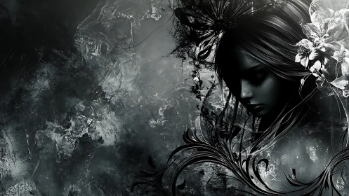 Melancholic floral portrait in monochrome digital flourish.