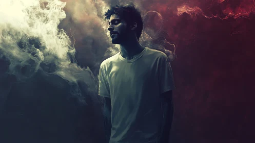 Solitary male silhouette in bifurcated atmospheric haze field.