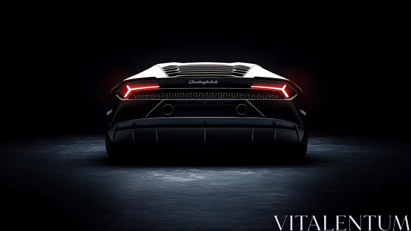 Rear view supercar illuminated by taillights in dark studio