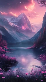 Chromatic alpine lake under magenta-illuminated glacial peaks