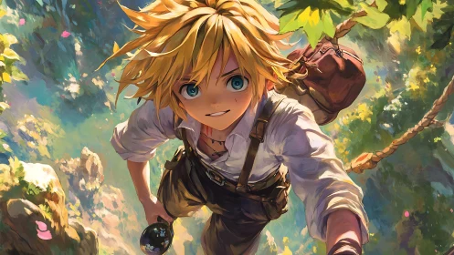 Bright‑eyed forest adventurer climbing sunlit rope bridge.