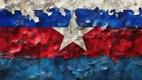 Peeling textured flag with central white star and bold stripes.