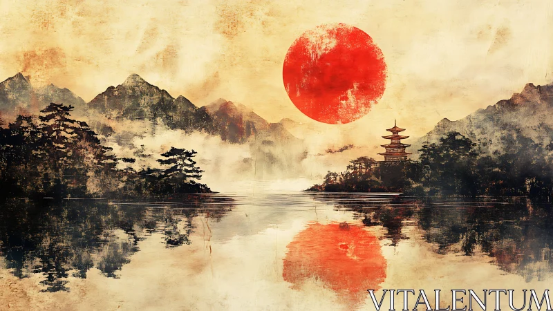 Red sun over misty lake with distant Japanese pagoda.