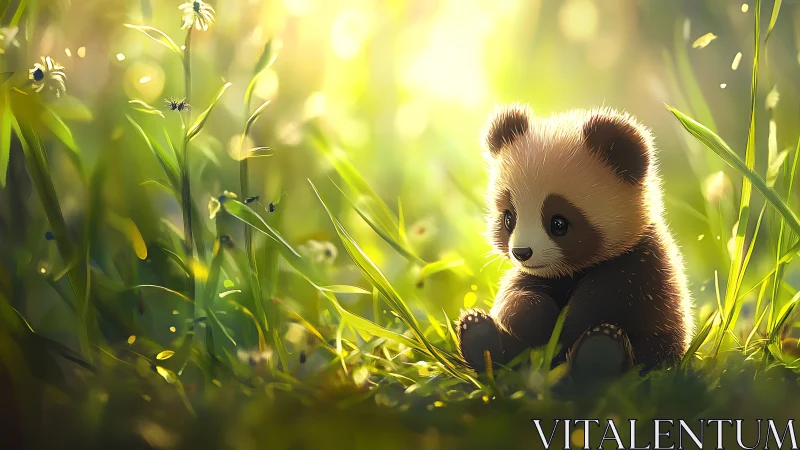 Baby panda sitting in glowing meadow grass at sunrise.