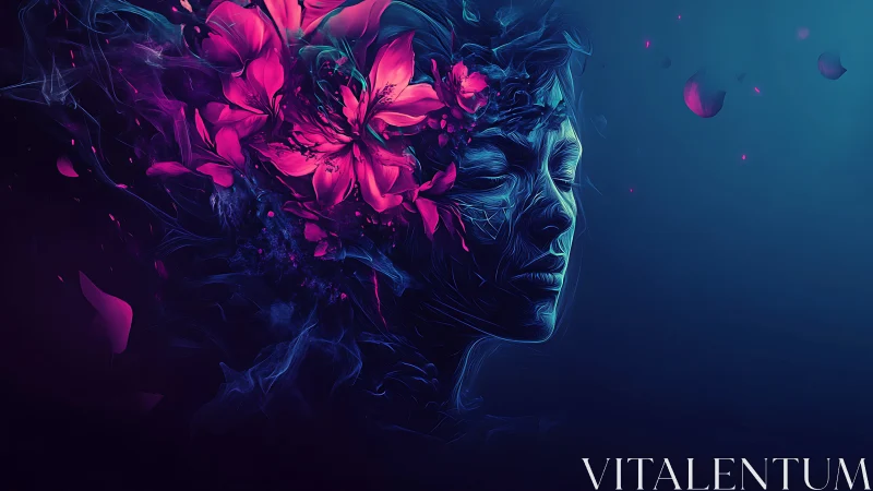 Neon dreams bloom from a quiet face drifting in deep teal