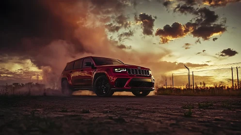 Crimson SUV storms dusk highways in wildfire twilight haze.