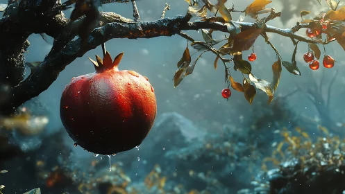 Moist pomegranate hangs under ethereal forest backlighting