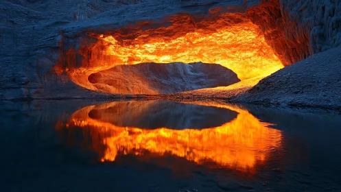 Illuminated cave opening reflects molten lava glow across water surface