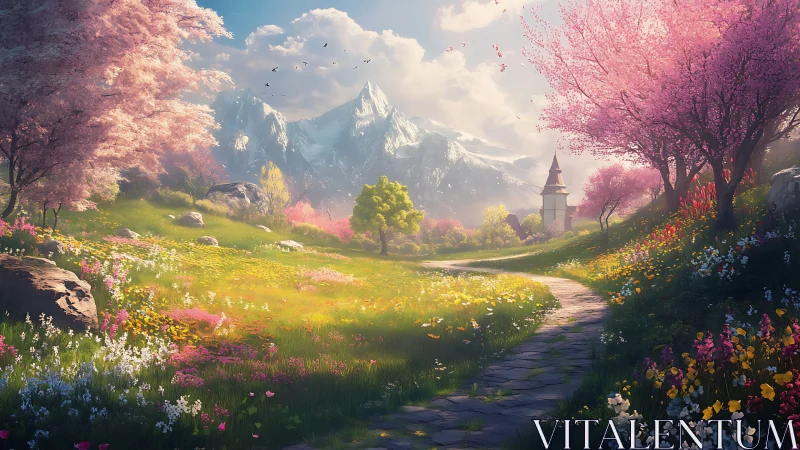 Idyllic spring valley path leads toward distant alpine tower