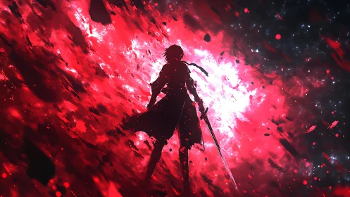 Lone sword warrior strides into a blazing cosmic red storm