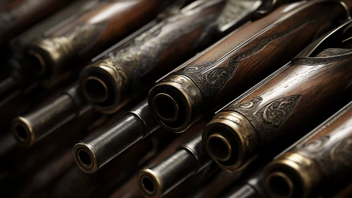 Close-up view of engraved wooden and metal shotgun barrels.