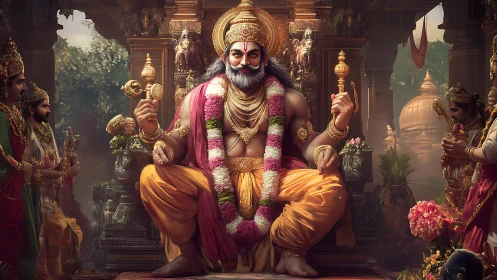 Majestic Hindu deity seated in ornate golden temple throne
