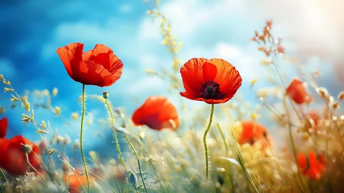 Red poppies in field under blue sky with selective focus