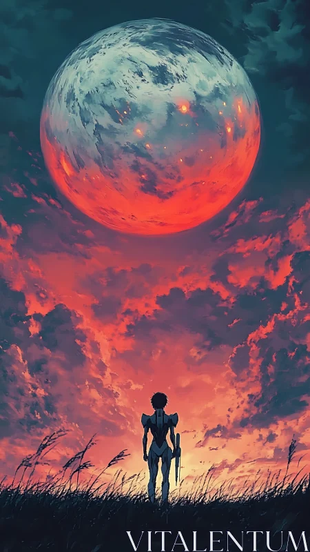 Solitary exosuit observer beneath refracted crimson satellite.