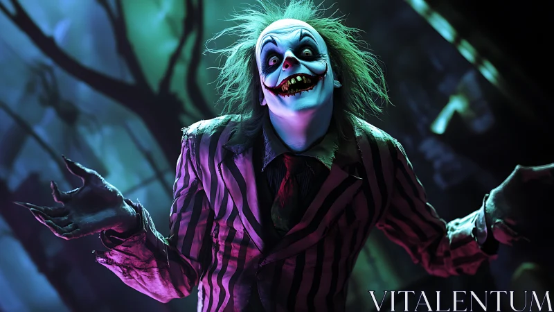 Creepy striped-suit ghoul in eerie neon graveyard scene.