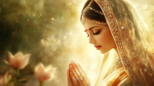 Side profile of woman in ornate veil with folded hands.