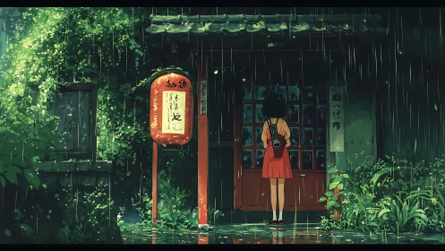 Girl stands before closed doorway in rain-soaked alleyway