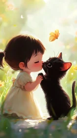 Soft backlit child and cat portrait uses warm rim lighting effects