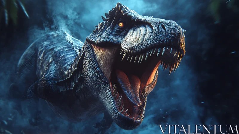 Cinematic 3D tyrannosaur roar with volumetric jungle lighting.