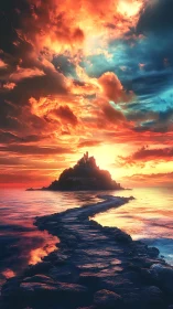 Castle on Misty Island at Dramatic Sunset.