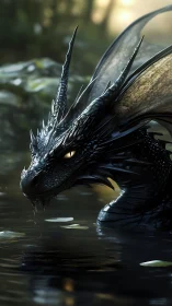 Midnight-scaled dragon pauses gently in a forest pool