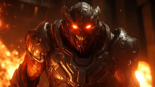 Molten warlord grins through hellfire in burnished armor