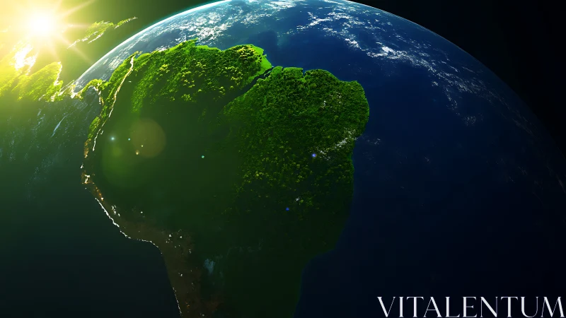 South America on Earth from space with bright sunrise glow.