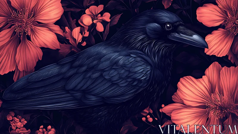 Digital illustration shows black crow centered among flowers