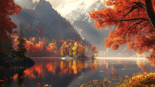Autumn alpine lake with glowing foliage and misted peaks.